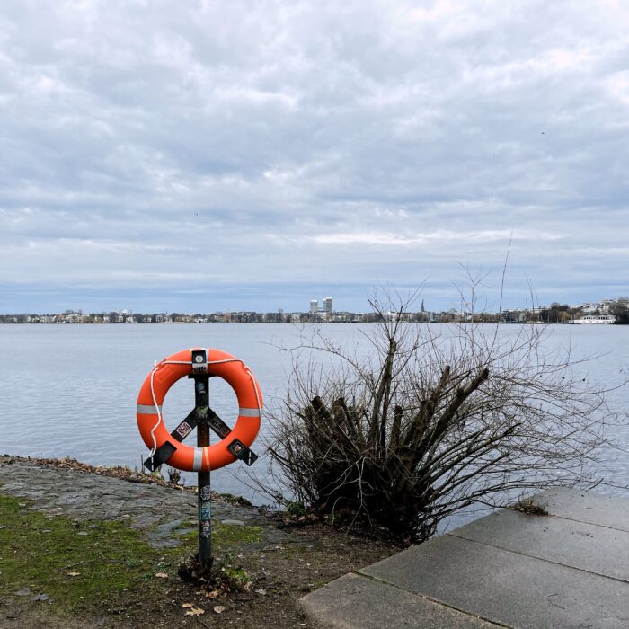 Ein Rettungsring in einem Ständer am Ufer der Außenalster, der Blick geht über das Wasser Richtung Mundsburg