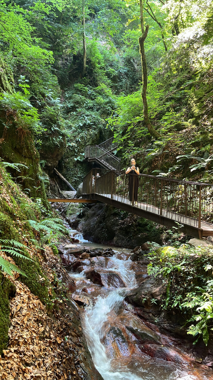 Die Herzdame auf einem metallenen Steg über den Bach in der Rastenbachklamm, unter ihr sprudelndes, stürzendes Wasser