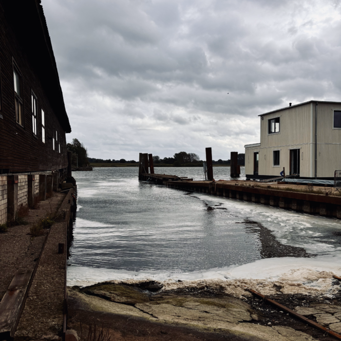 Die Schlei an der Werft auf Arnis, unruhiges Wasser, bedeckter Himmel, graue Stimmung