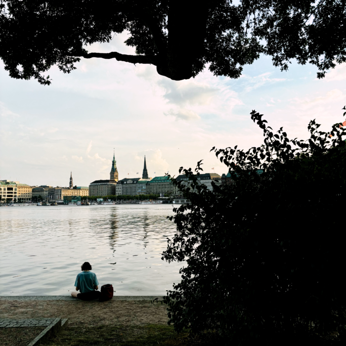 Blick über die Binnenalster in Richtung Rathaus. Eine Frau sitzt im Vordergrund am Ufer, mit dem Rücken zum Betrachter. Sommerabendstímmung.