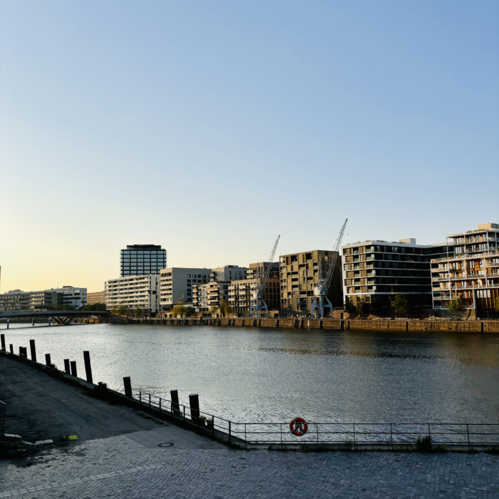 Blick auf die neuen Häuser am Versmannkai