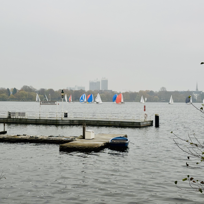 Bunte Segel auf der novembergrauen Alster